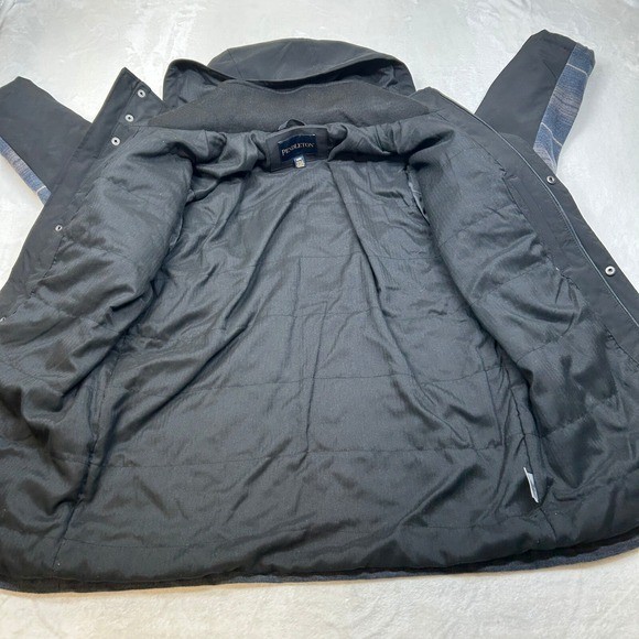 Pendleton Hooded Softshell Jacket Mens Medium Black Blue Striped Wool Stretch