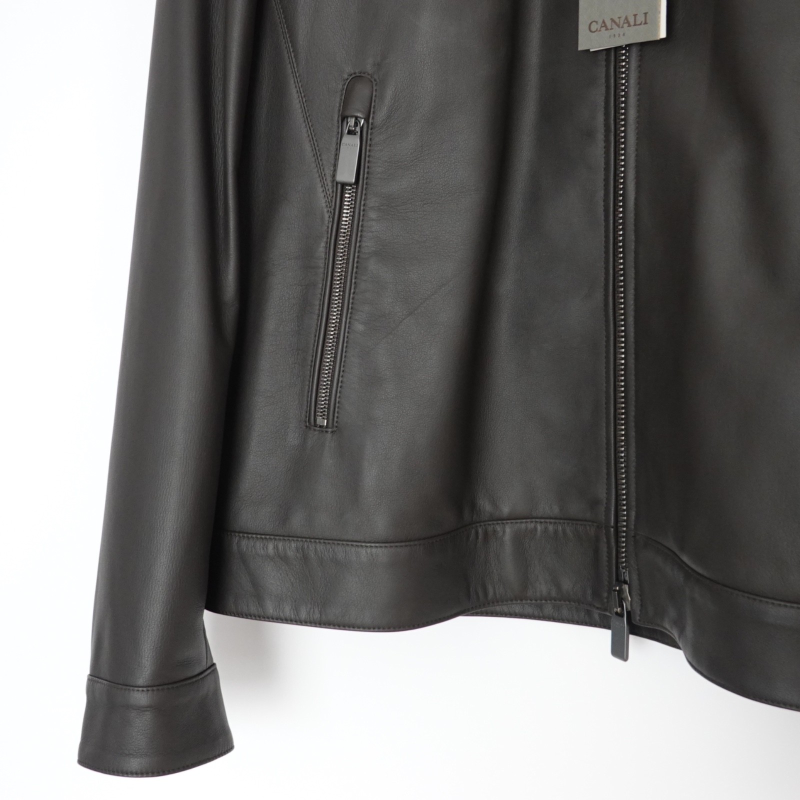 New with Tags Canali Matte Leather Biker/Bomber Jacket Size 52 Italy=US L