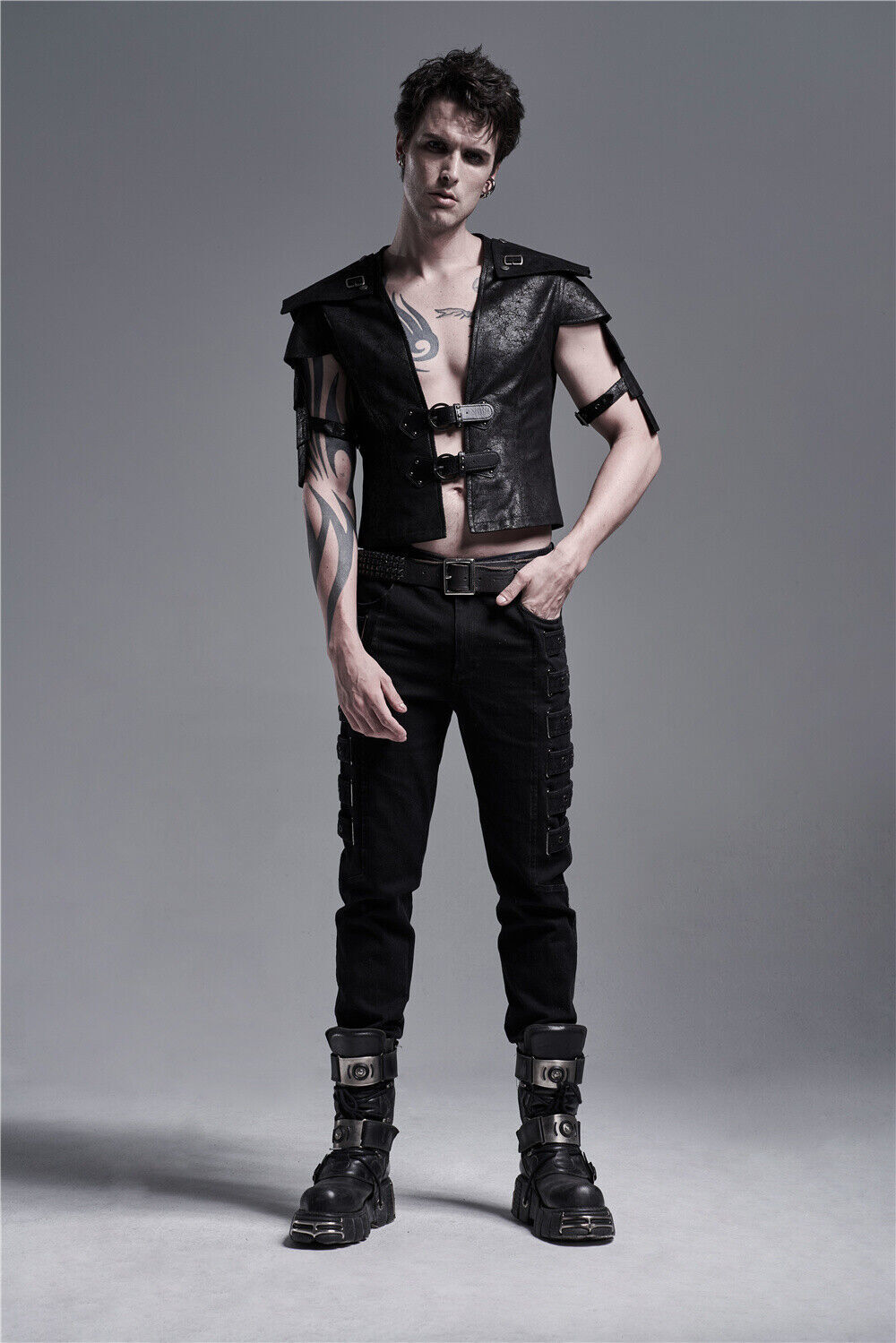 Punk Rave Outfit Goth Men Jacket Faux Leather Steampunk Motorcycle Rock Coat