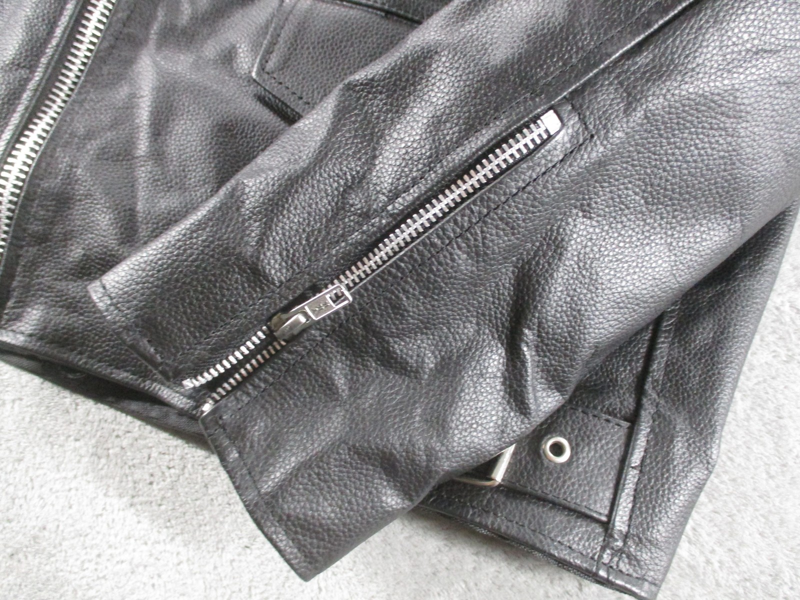 Leather Motorcycle Jacket Mens 44 Black Belted Biker Zipper Pockets Lined