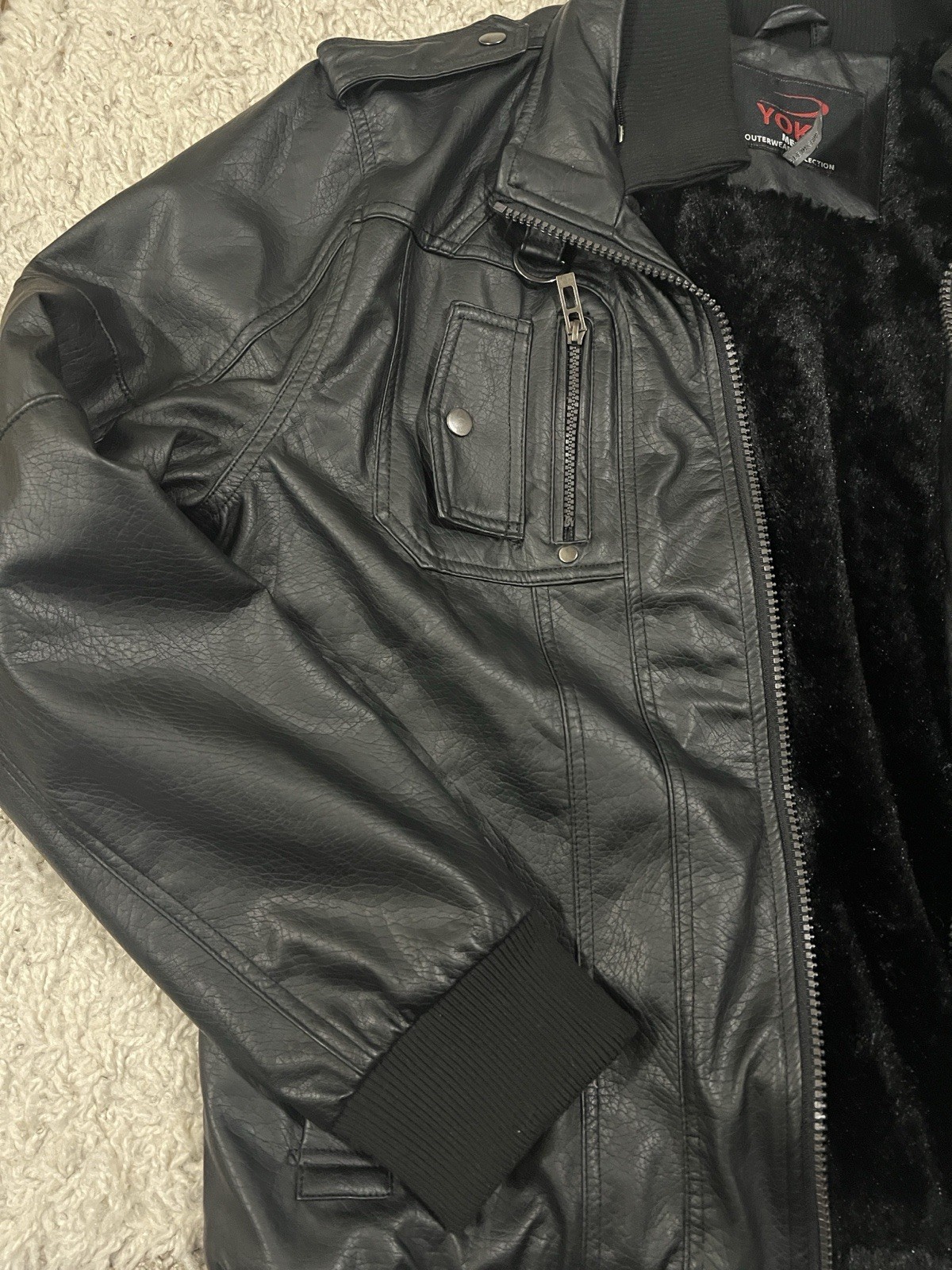 Yoki Men’s Black Bomber Leather Jacket Size XL Faux Fur Lined Full Zip Vintage