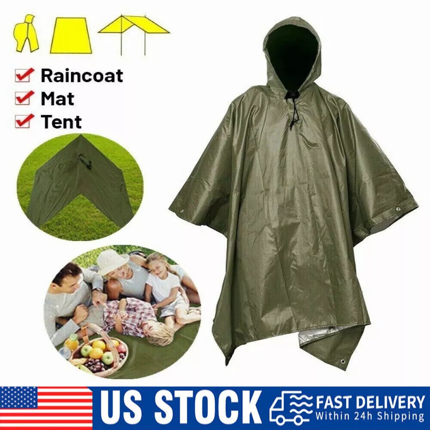 Ripstop Poncho Waterproof Hooded Rain Coat Army Military Camping Hiking Outdoor