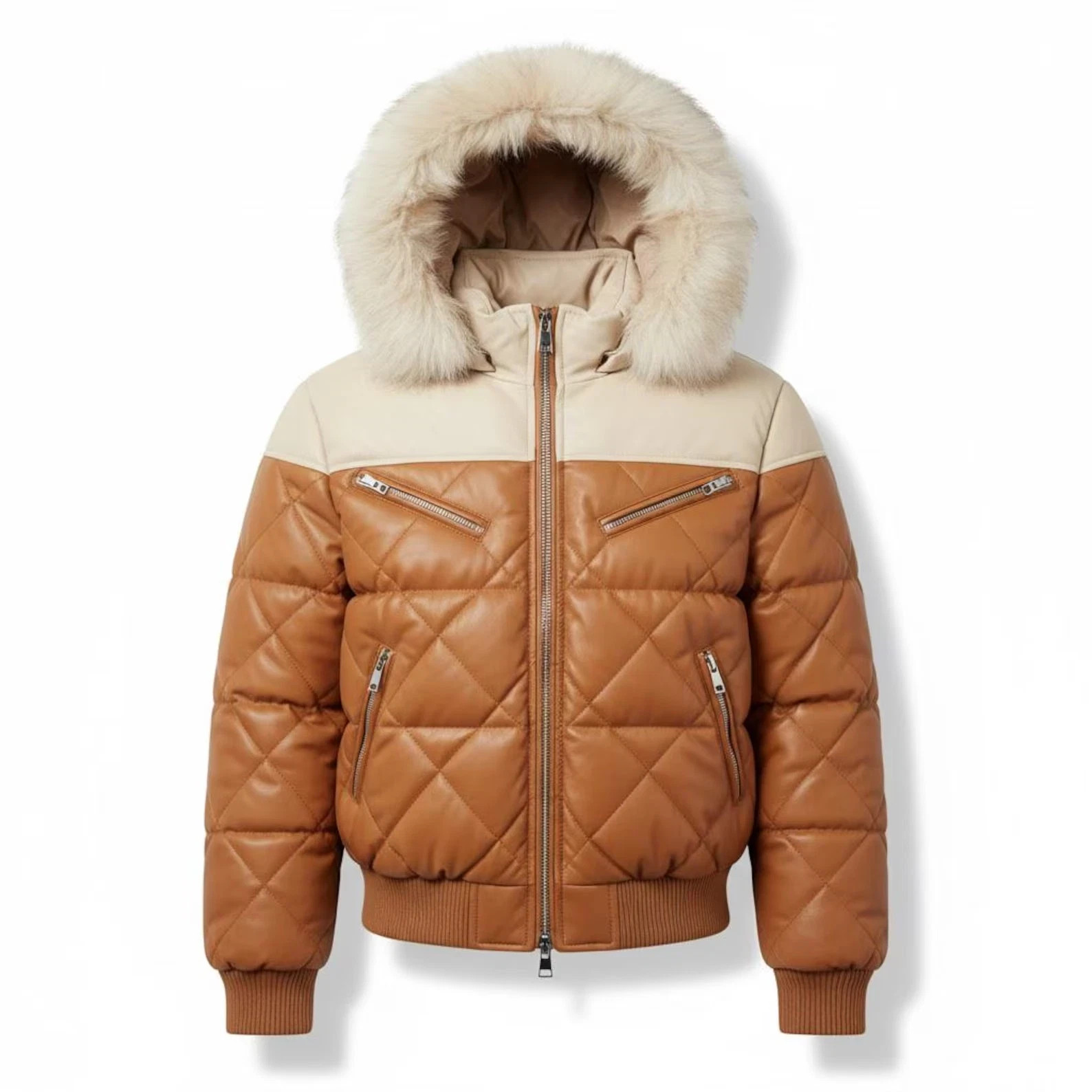 Mens V Bomber Quilted Puffer Black Real Leather Winter Jacket Fur Collar
