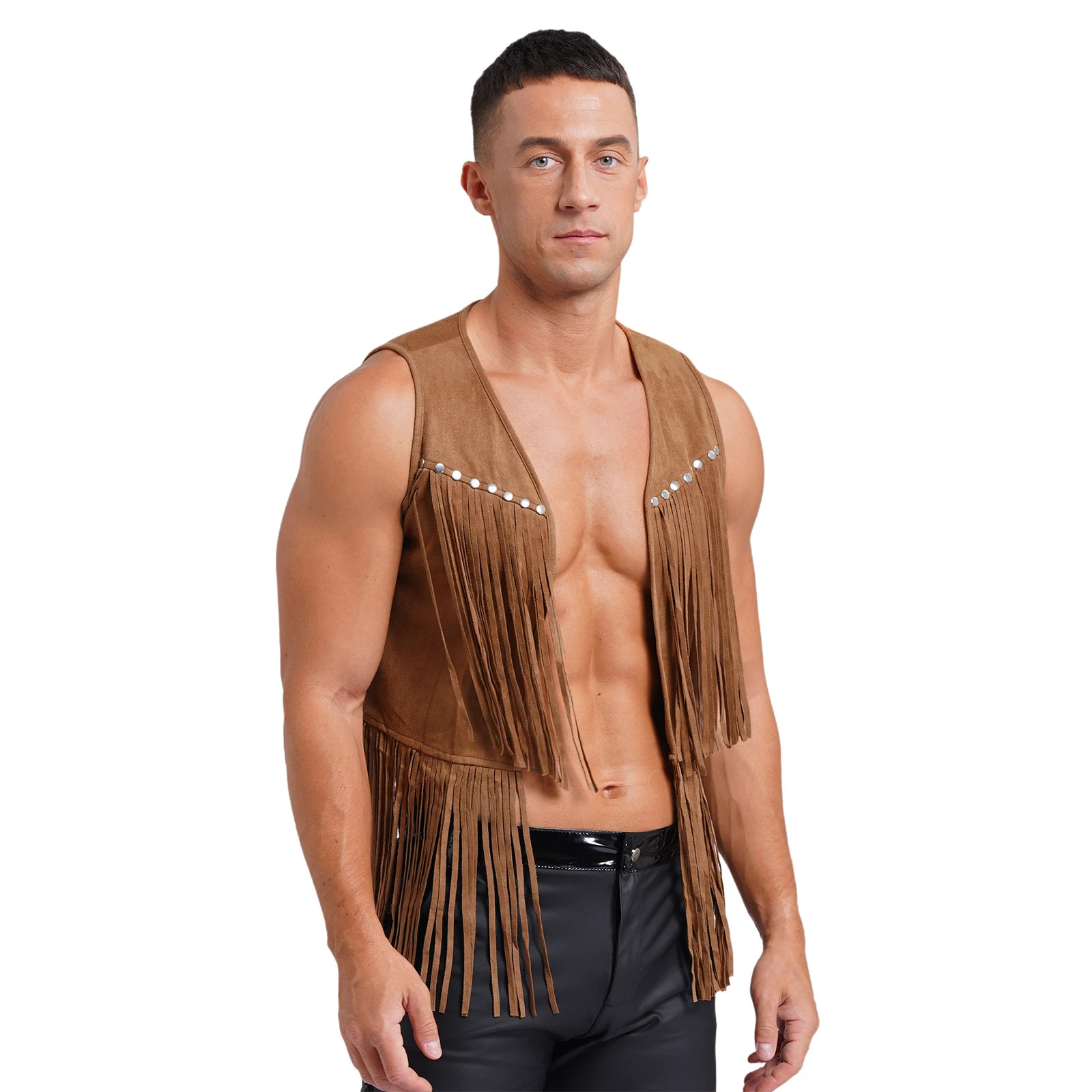 Mens Faux Suede Tassel Vest Western Cowboy Vest Fashion Rivets Fringe Waistcoat