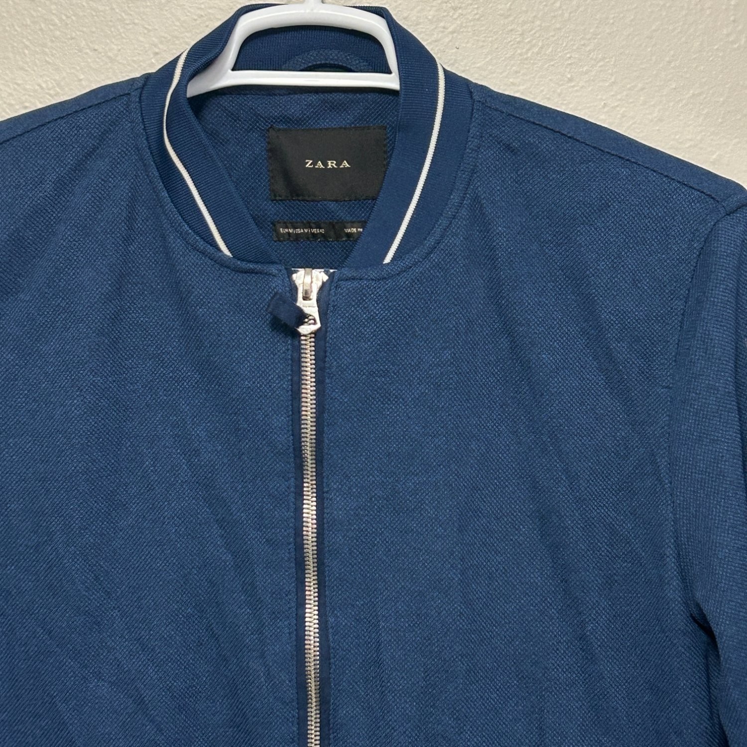 Zara Man Bomber Jacket Mens Size M Blue Textured Full Zip Ribbed Trim