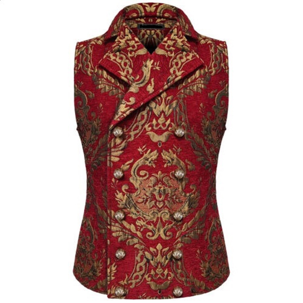 Men Gothic Victorian Red/Gold Brocade Waistcoat Vest Jacquard Tuxedo Vest