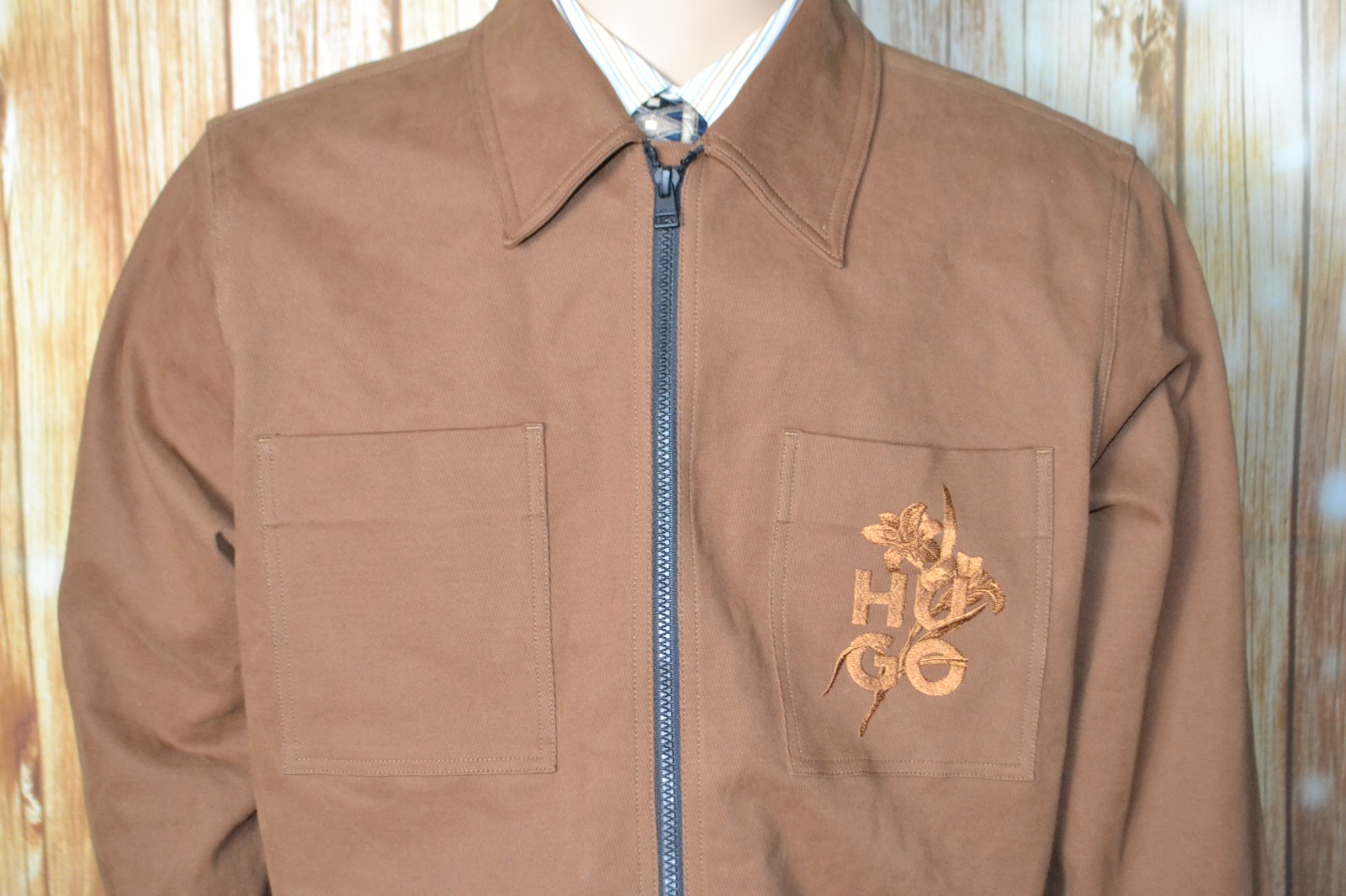 Hugo Boss Men Cotton Spandex Full Zipper Light Weight Brown Jacket Sz L