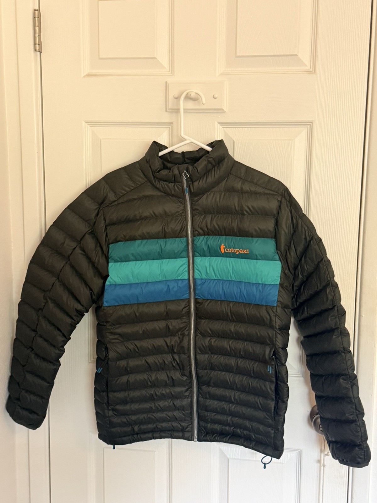 Cotopaxi Fuego Down Jacket Mens Woods Stripes Puffer Jacket GUC 800 fill