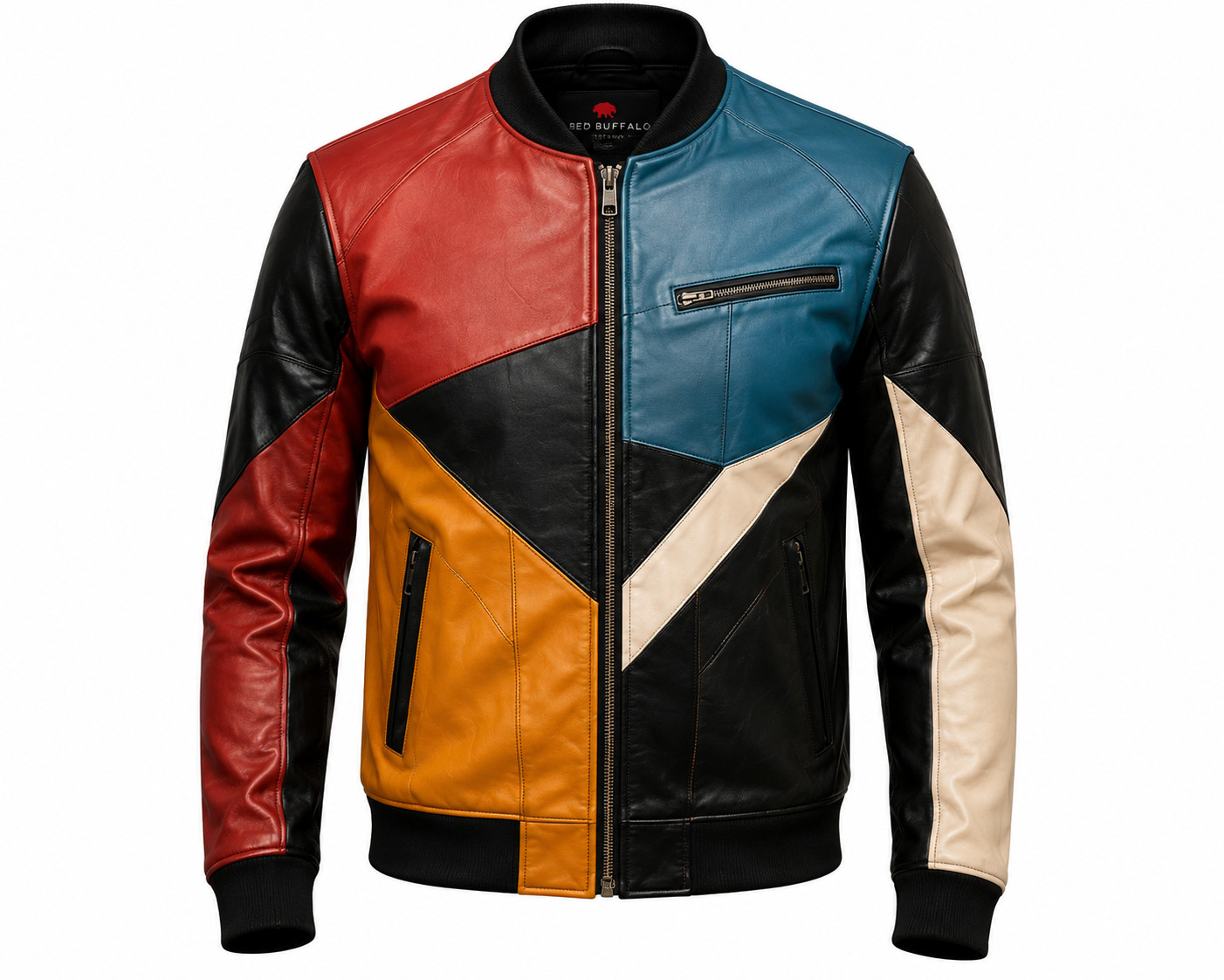 Mens Color Block Leather Bomber Jacket Genuine Leather Designer Motorcycle Coat