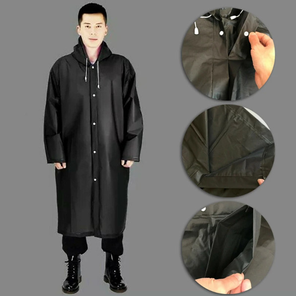 Men Black Waterproof Long Raincoat Rain Coat Hooded Trench Jacket Outdoor Hiking