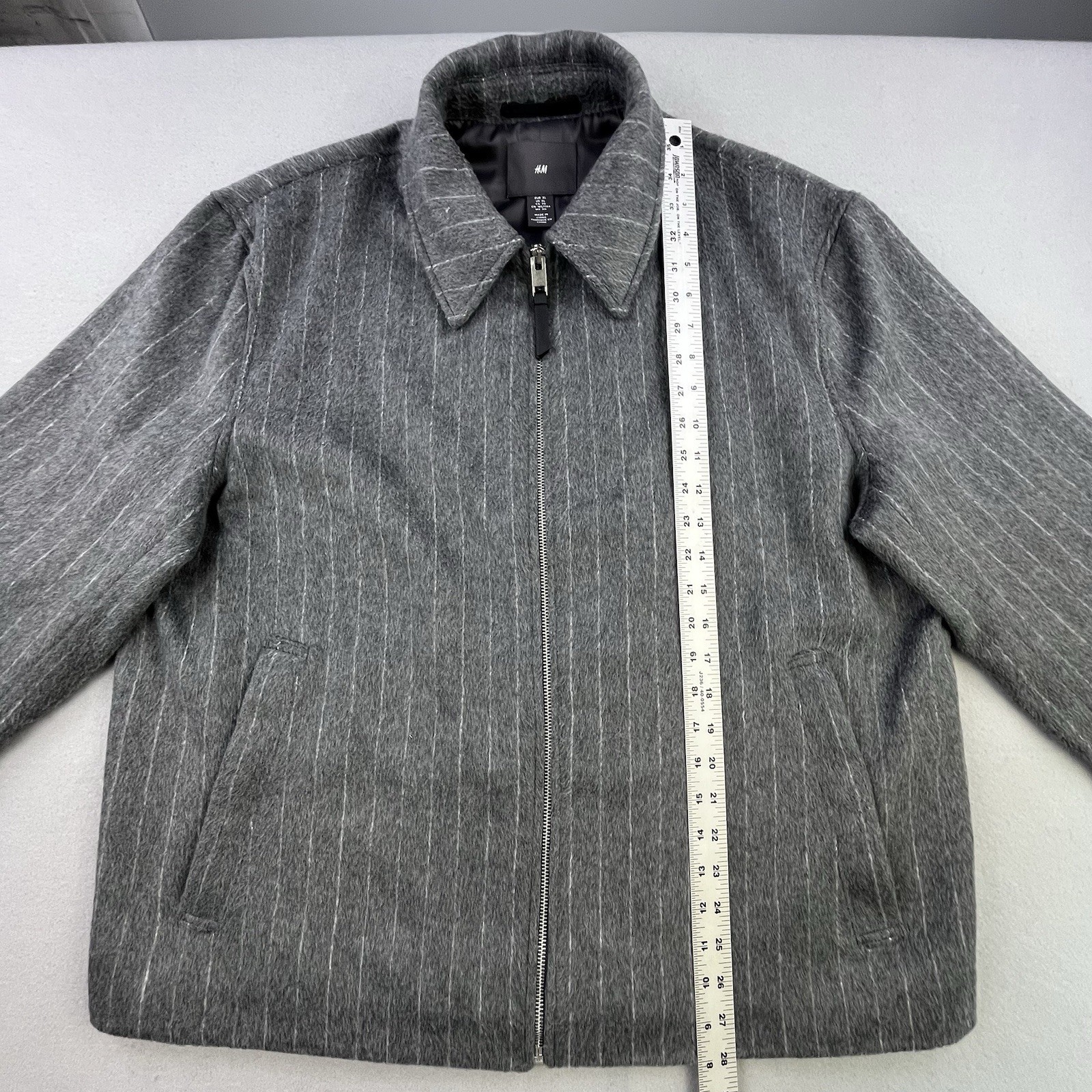 Vintage H&M Jacket Mens XL Gray Pinstripe Full Zip Lined Coat Polyester