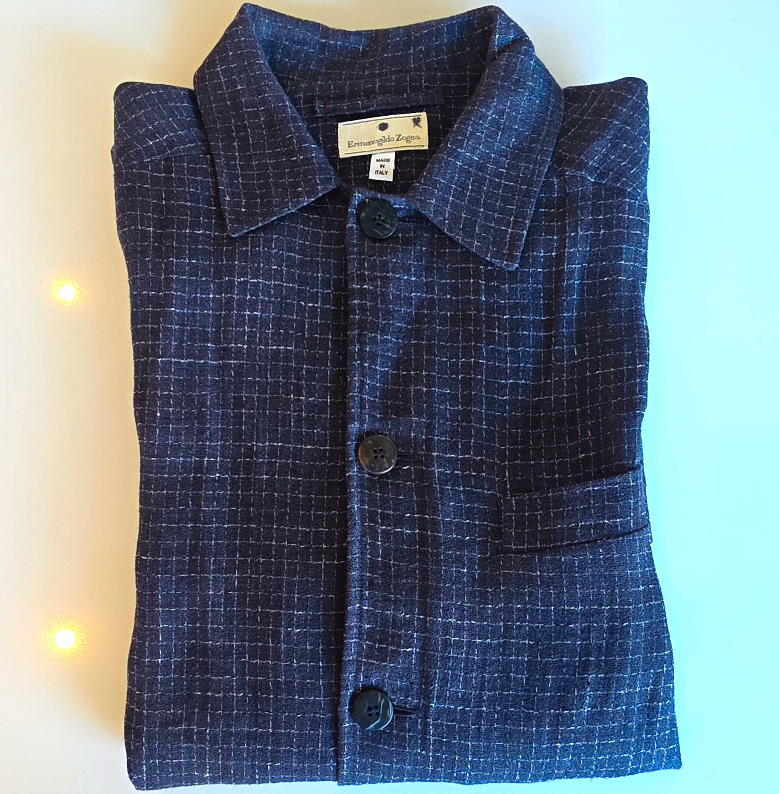 Ermenegildo Zegna Men’s Blue Check Wool Button-Front Jacket w/ Pockets 52