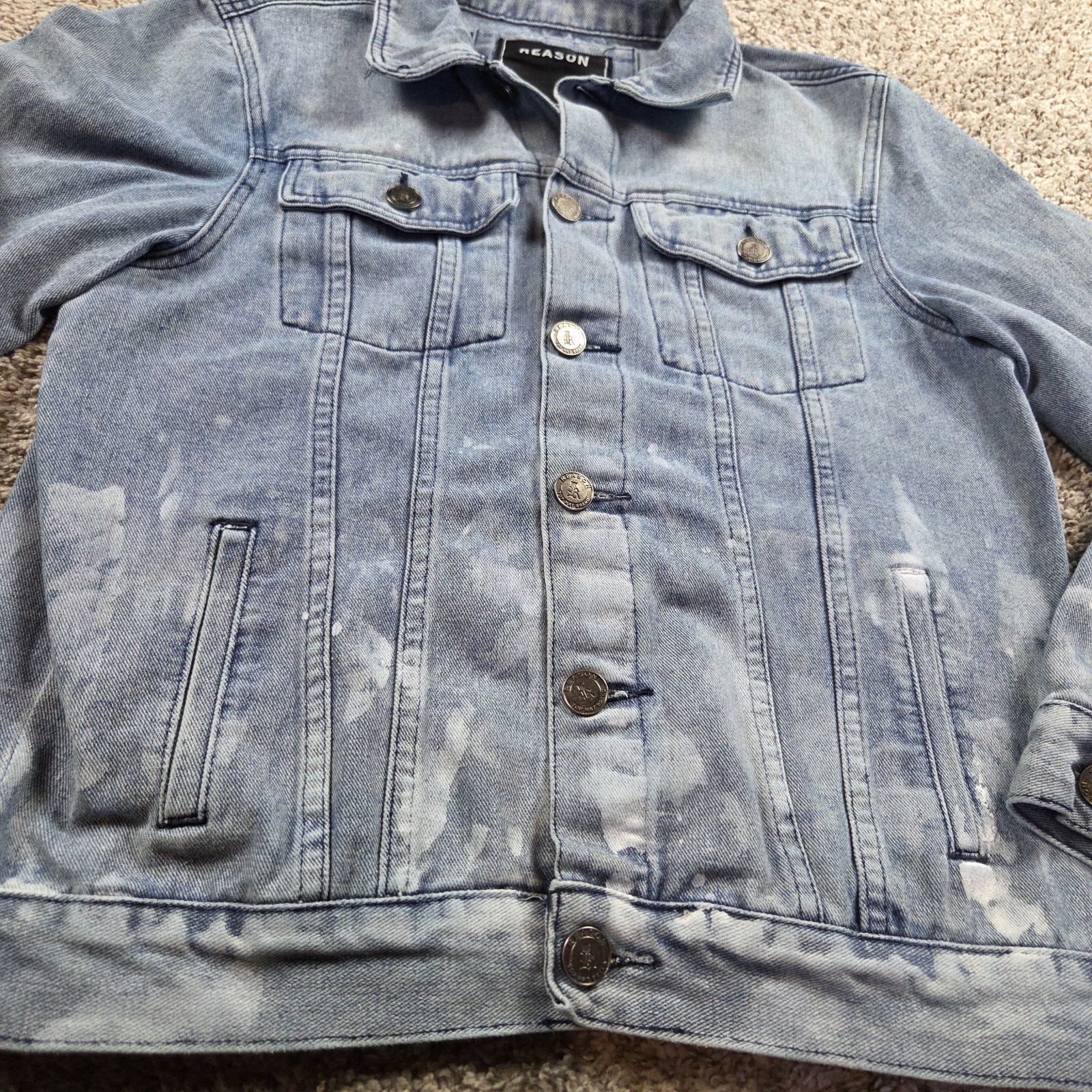REASON Denim Jacket Mens Medium Distressed Splatter Acid Urban Streetwear