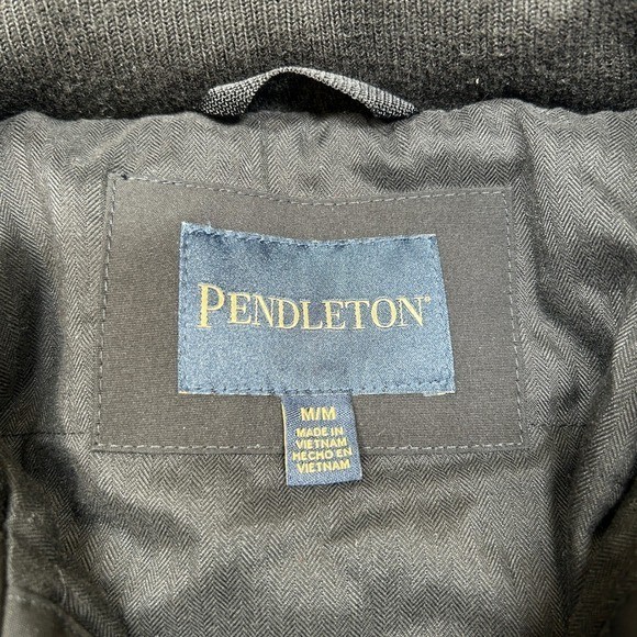 Pendleton Hooded Softshell Jacket Mens Medium Black Blue Striped Wool Stretch