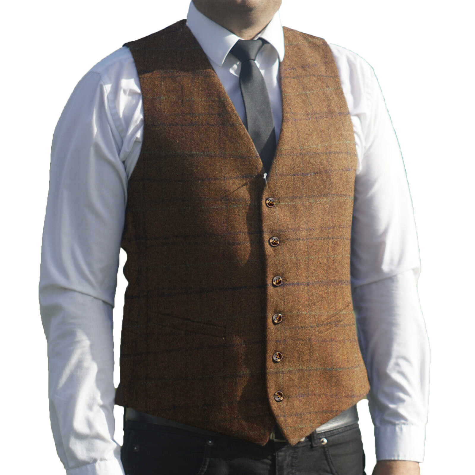 Men Plaid Waistcoat Tweed Vest Windowpane Wedding Vintage Wool Herringbone Groom