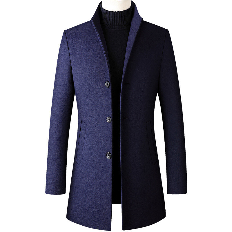 Men Trench Coat Overcoat Woolen Blend Single Breasted Jacket Casual Business