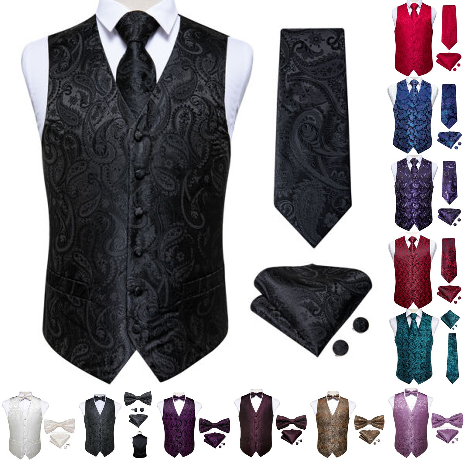 Red Pink Black Mens Vest Paisley Floral Waistcoat Wedding Formal Tuxedo Gilet