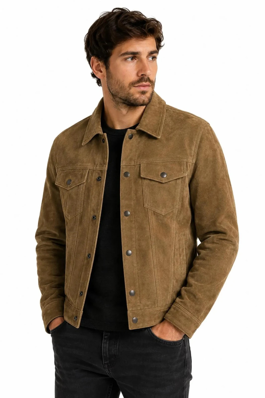 Men’s Suede Leather Trucker Jacket Vintage Casual Button Front Outerwear