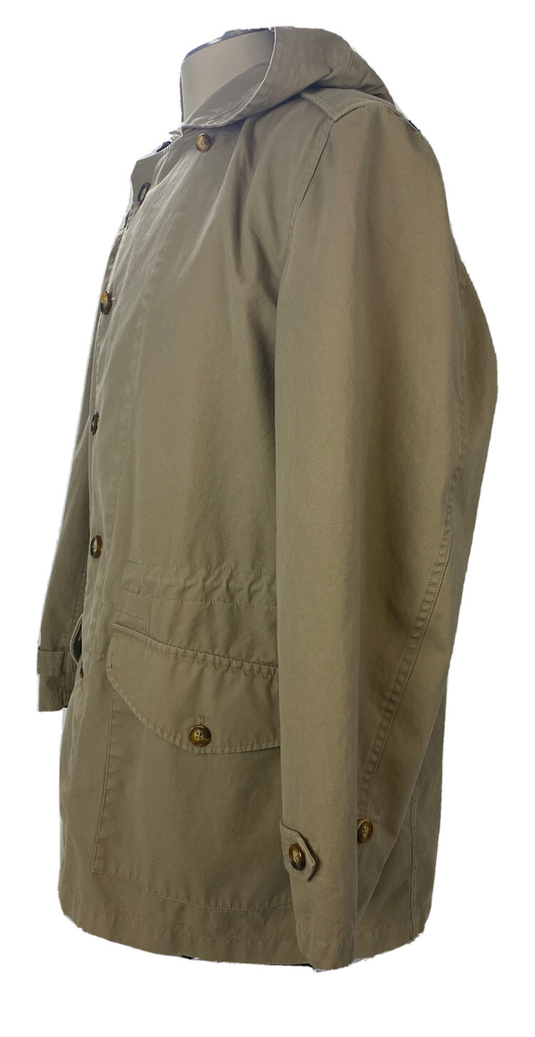 Orvis Trench Coat Jacket Hood Mens Size L Khaki Button Drawstring 350214
