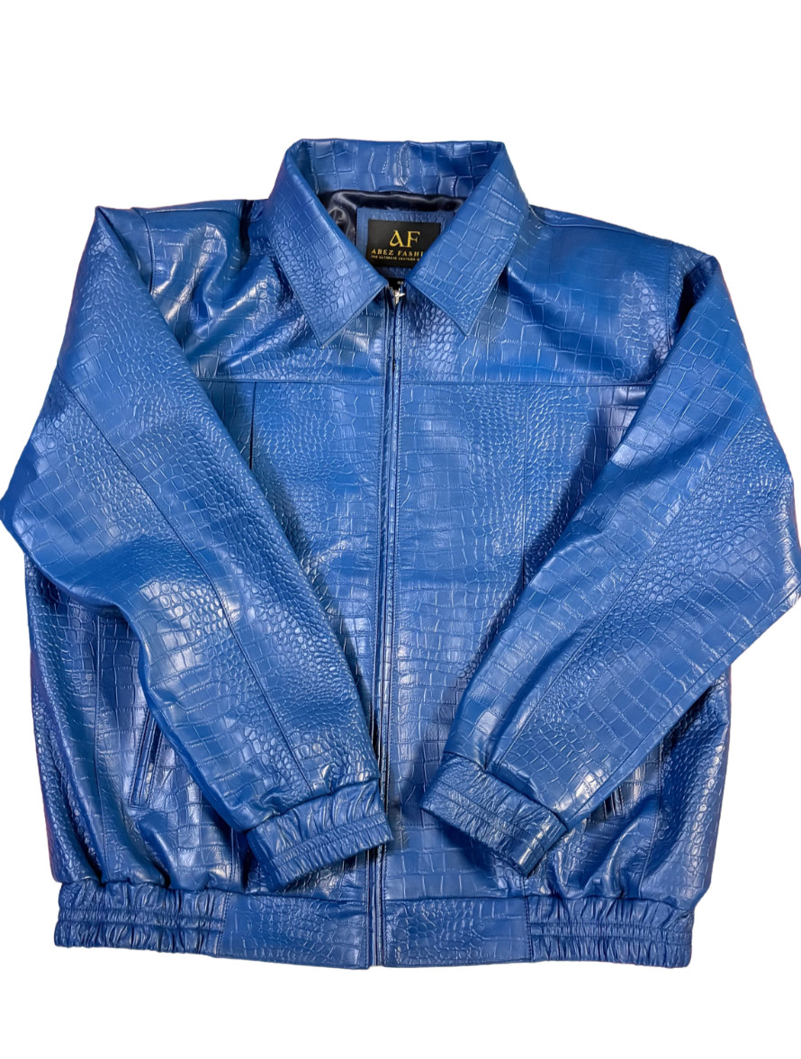 Men’s Blue Crocodile Pattern Jacket Real Leather Premium Bomber Zip Up Jacket