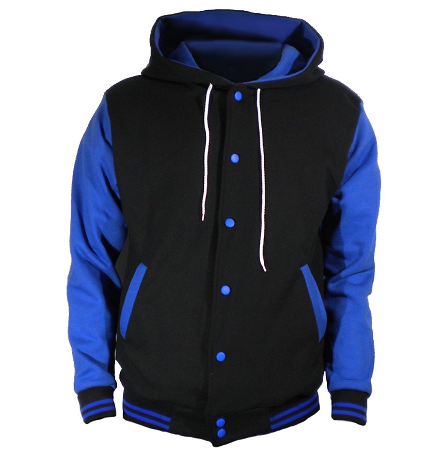Black Varsity full Wool Letterman Hoodie Royal blue wool Sleeves XS-4XL