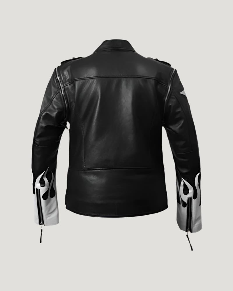 Men’s Black Leather Motorcycle Biker Jacket White Flame Studded Punk Moto Jacket
