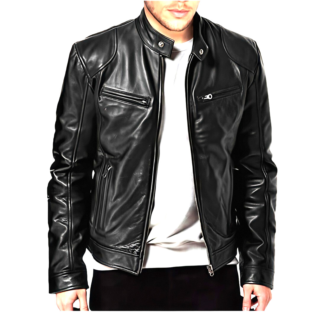CAFÉ RACER RETRO Men’s Leather Jacket Motorcycle Biker Black Real Sheepskin