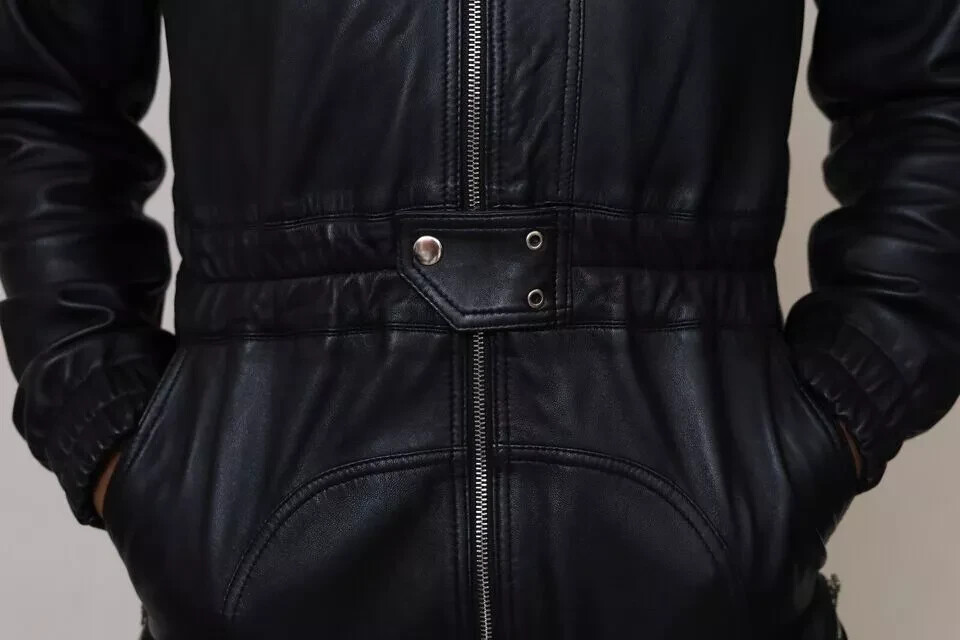 Men’s Black Cowhid Leather Jumpsuit-Handmade Zip-up One-Piece Outfit With Pocket