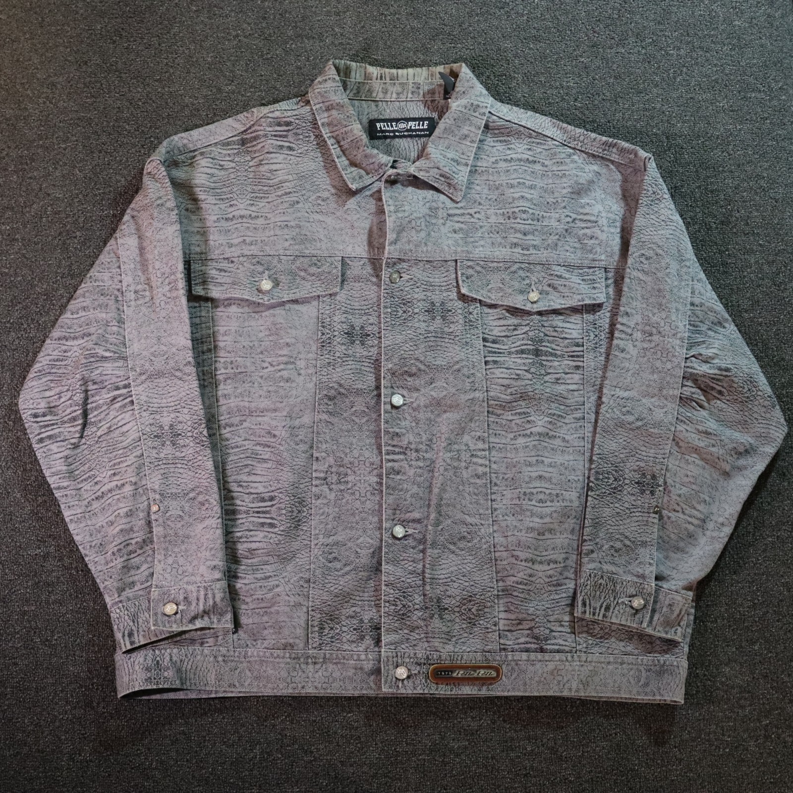 Pelle Pelle Jacket Mens 4XL Gray Denim Trucker Python Pattern 90s Hip Hop Retro