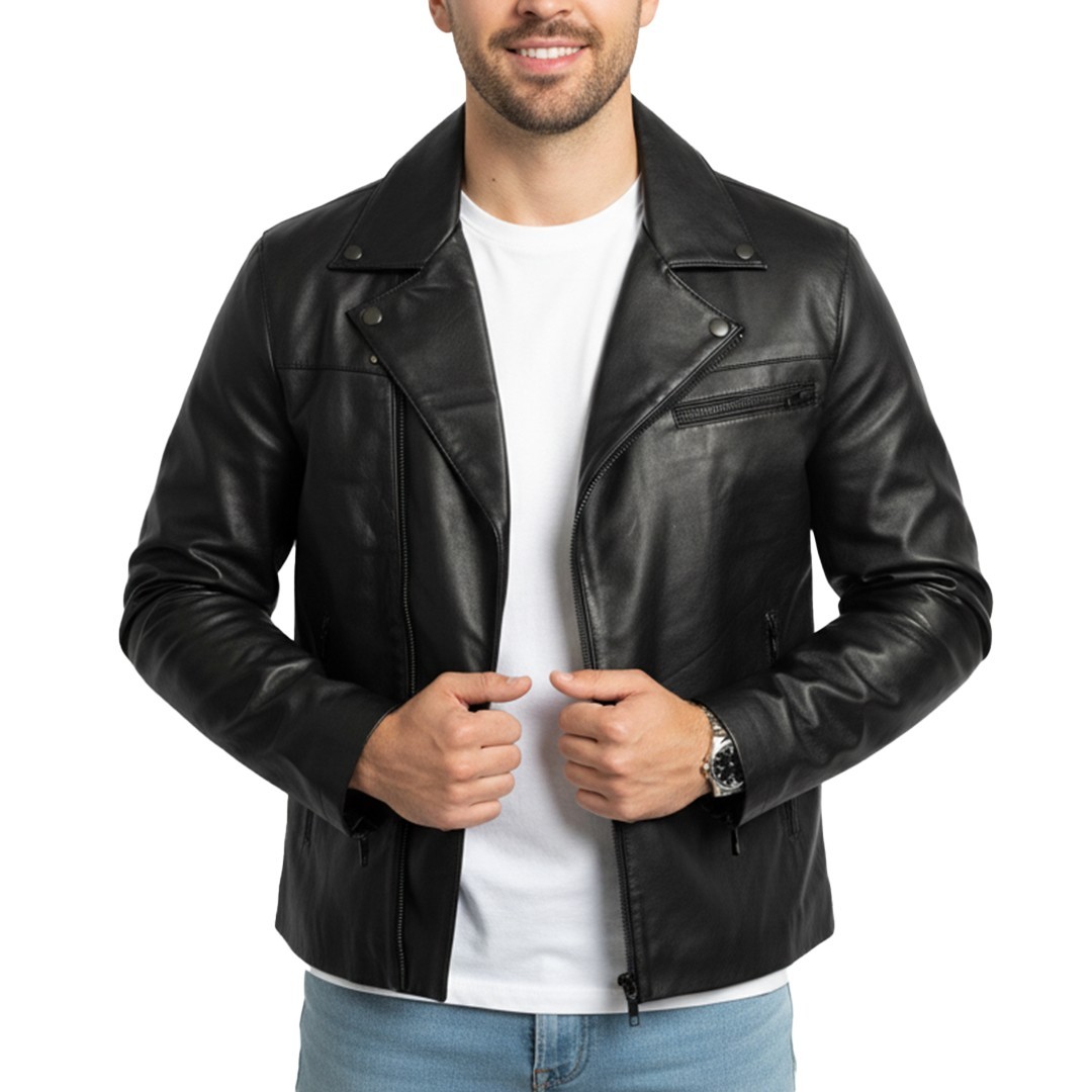 Cuir Jackets Mens Leather Racer Jacket – Classic Biker Style Lambskin Jacket