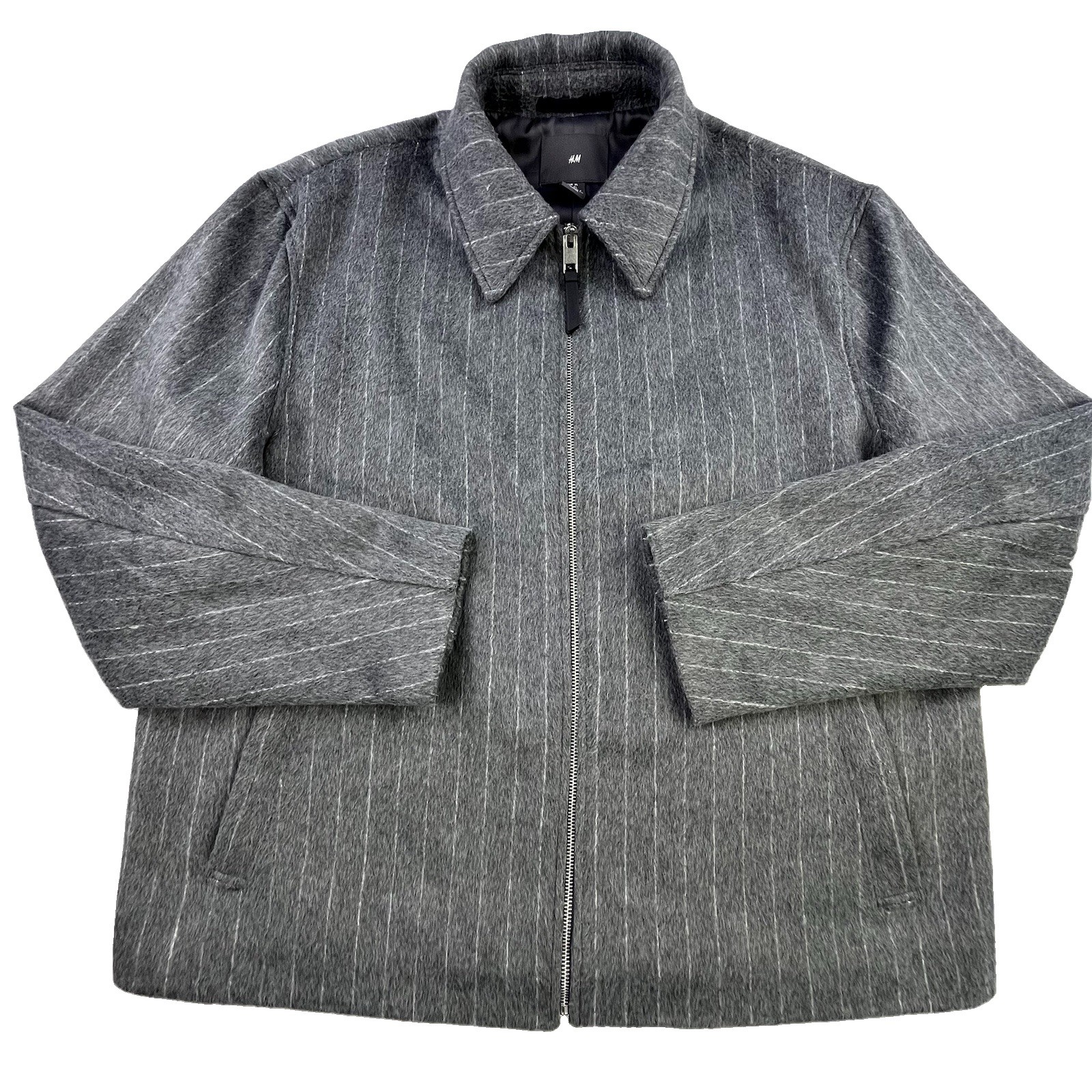 Vintage H&M Jacket Mens XL Gray Pinstripe Full Zip Lined Coat Polyester
