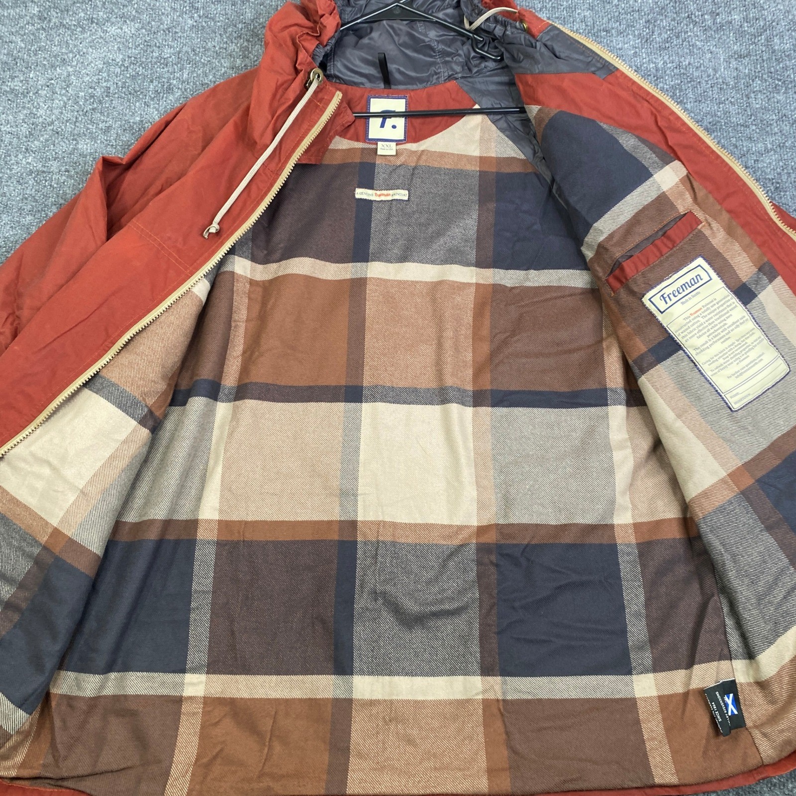 Freeman Seattle Waxed Cotton Raincoat Mens XXL Red Plaid Lined Hooded Jacket USA