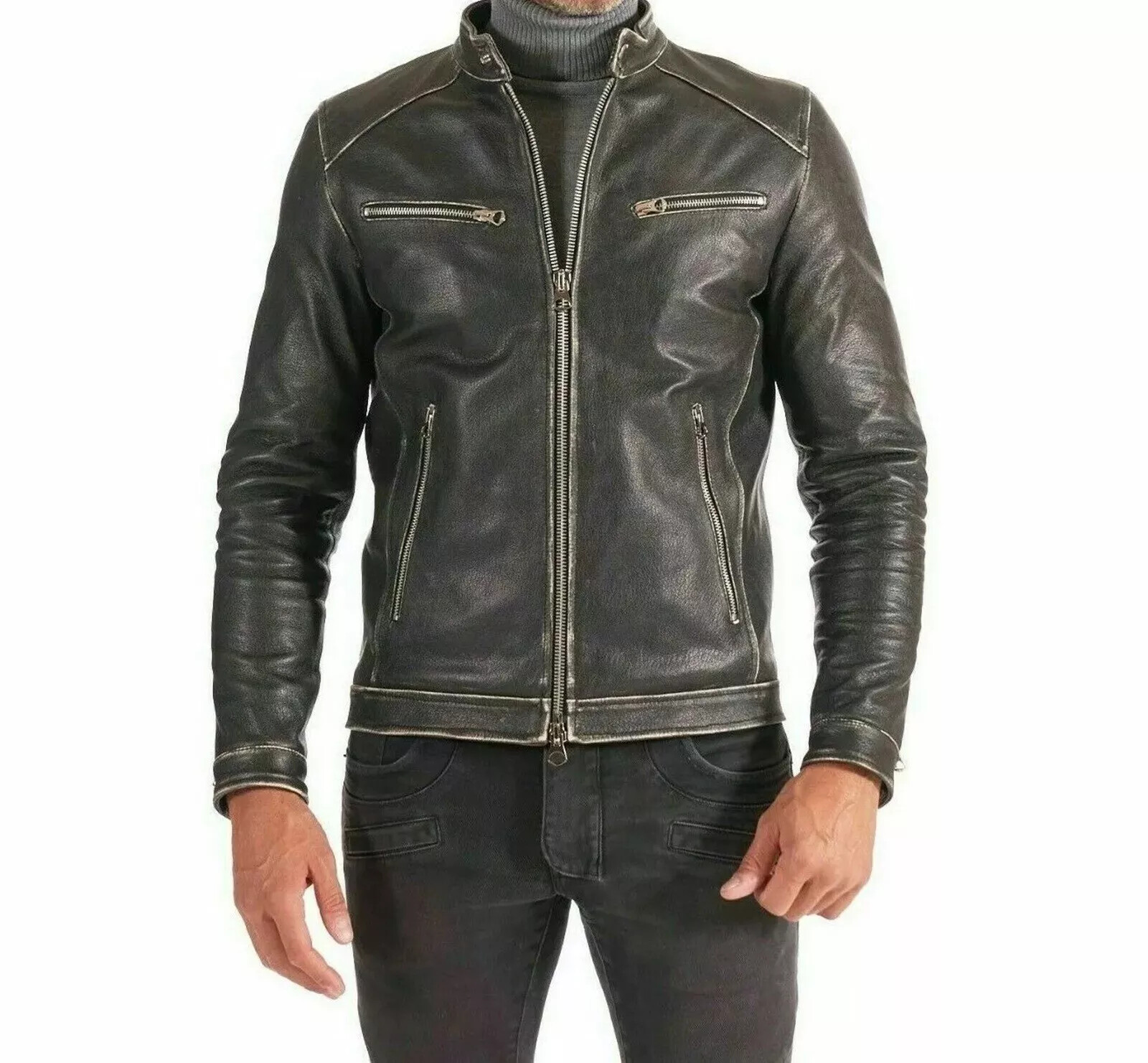 Rubbed Charcoal Leather Jacket Men’s Wear 100% Handmade Soft Lambskin Zipper