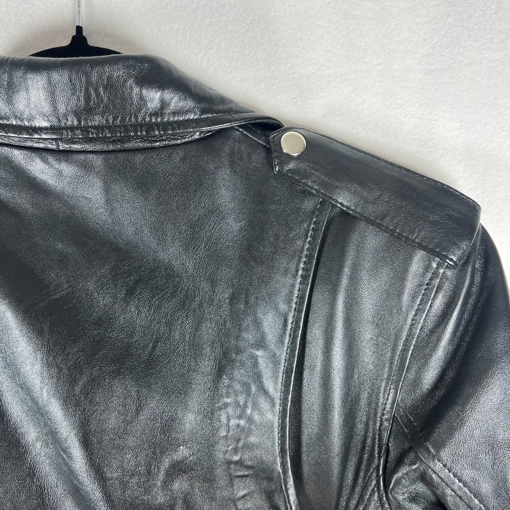 Black Faux Leather Moto Jacket Asymmetrical Zip Belted Biker Small Brando