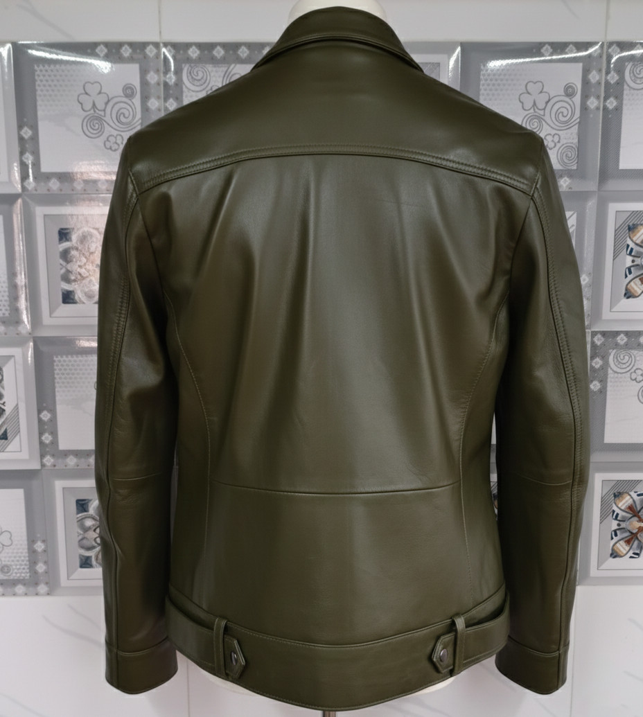 Men’s Real Lambskin Leather Olive Green Jacket Quilted Style Biker Coat