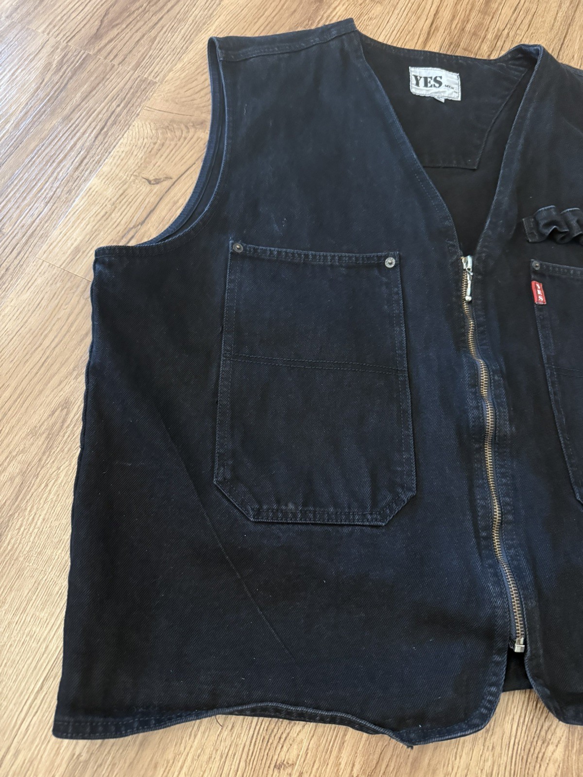 Vintage Yes Men Clothing Co XL Black Denim Vest Workwear Full Zip Sleeveless USA