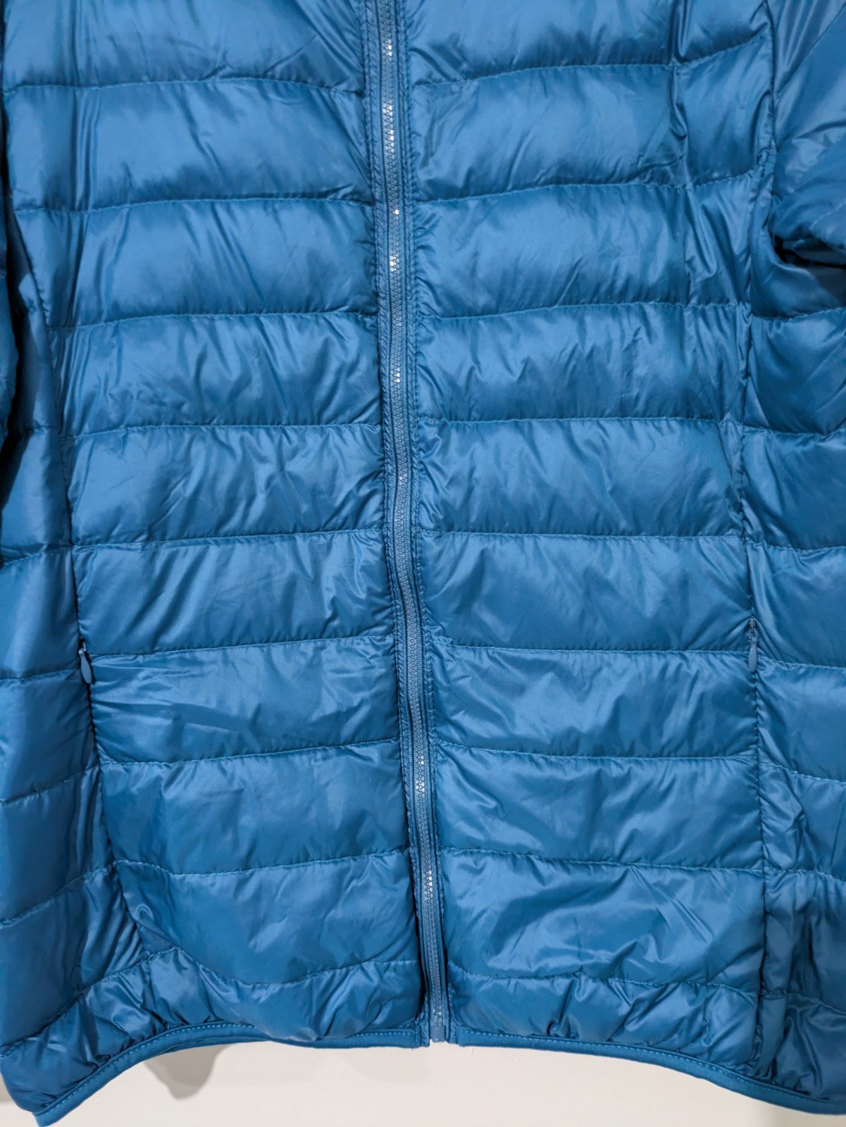 Men’s Blue Hooded Quilted Down Puffer Jacket Full Zip Short Length Size S