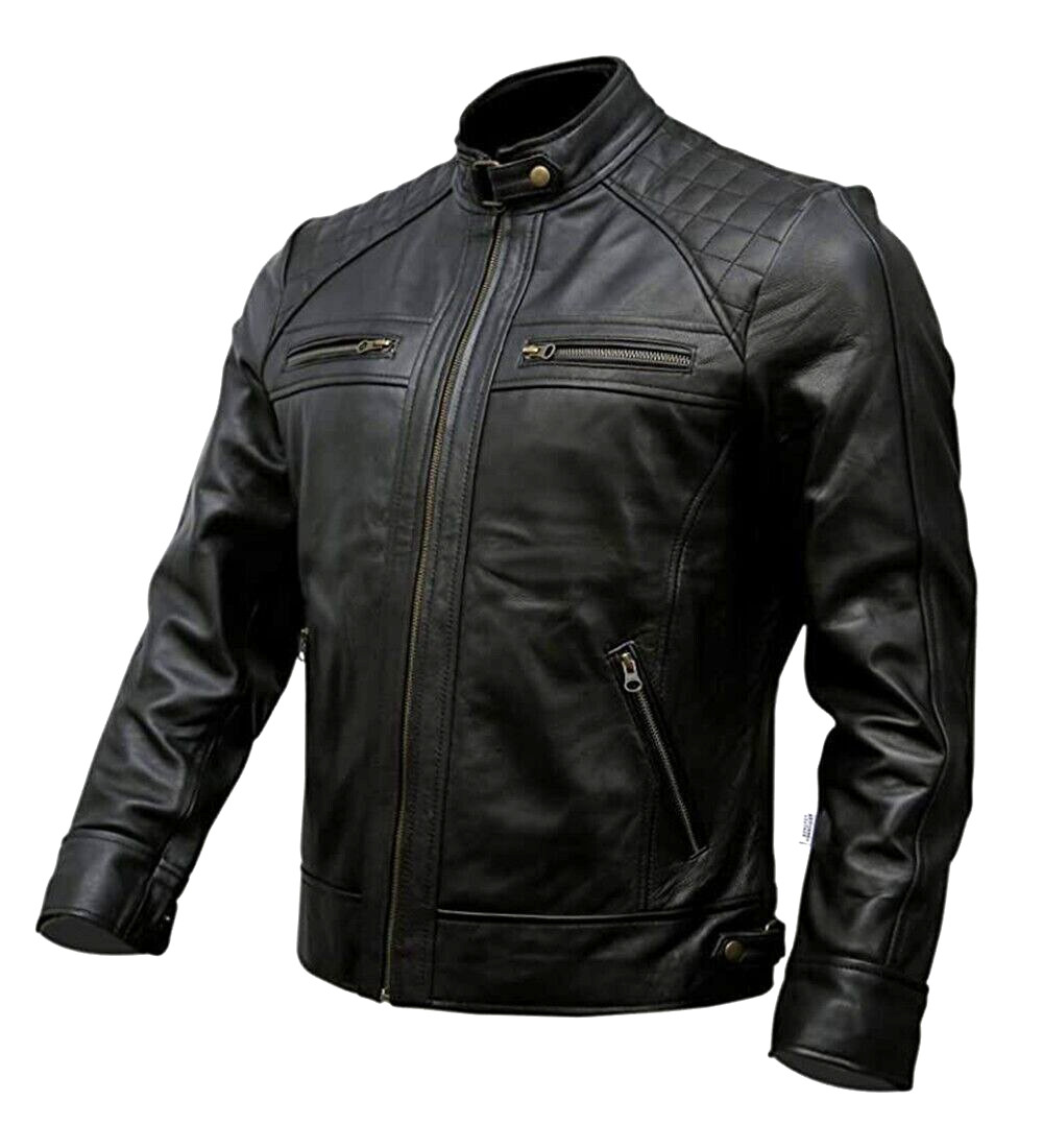 Men’s Café Racer Biker Leather Jacket Black Brown Motorcycle Genuine Leather