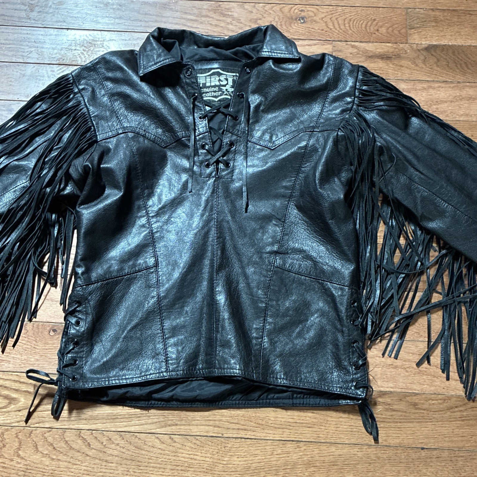 Vtg First Genuine Leather Fringe Pullover Jacket Black Size S Lace Up Biker