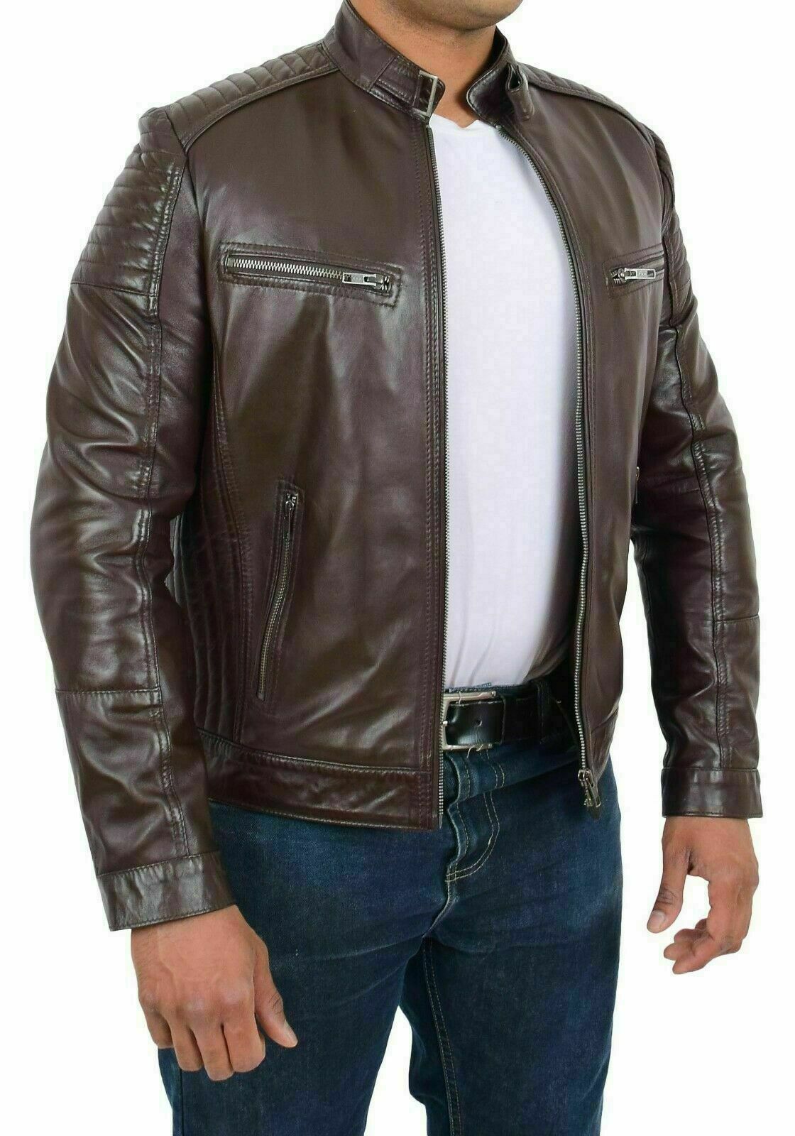 Men’s 100% Leather Guaranteed Lambskin Jacket Biker Motorcycle Basic Brown Coat