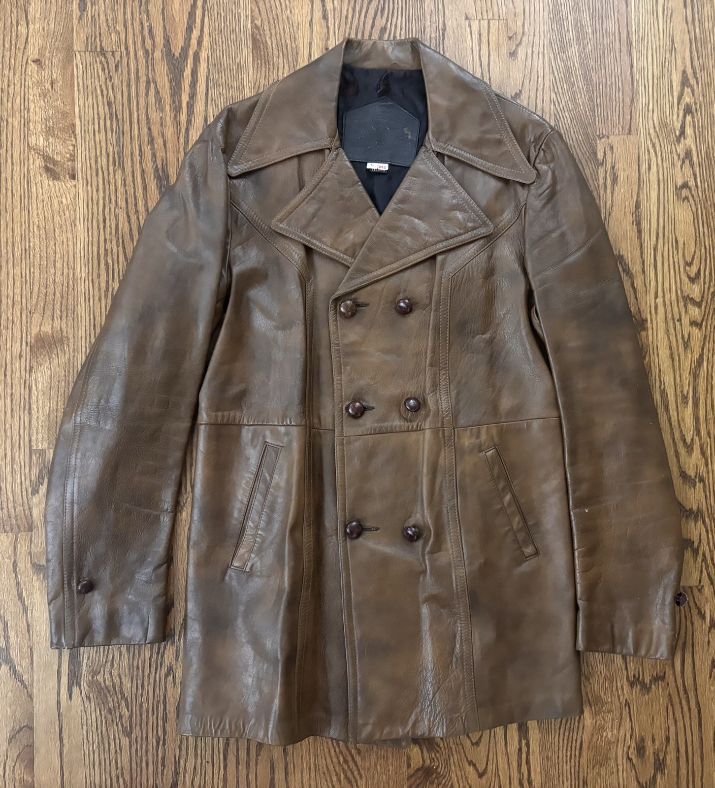 Vintage 1970’s Men’s Genuine Leather Double Breasted Leather Pea Car Coat 40