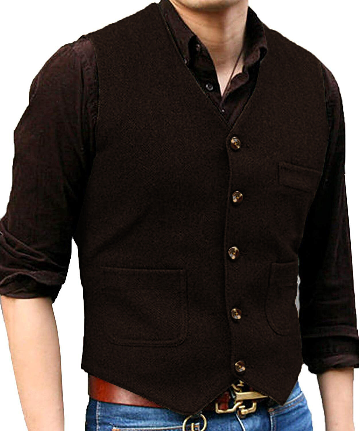 Men Suit Herringbone Waistcoat Tweed Vest Wedding Vintage Wool Groomsman Hunting