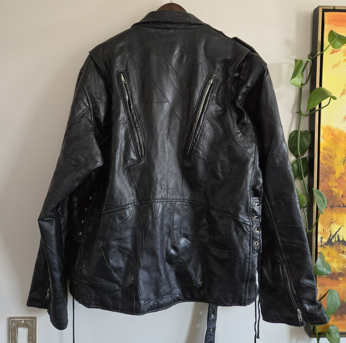Vtg Diamond Plate D-Pocket Buffalo Leather Motorcycle Jacket Black Biker Moto