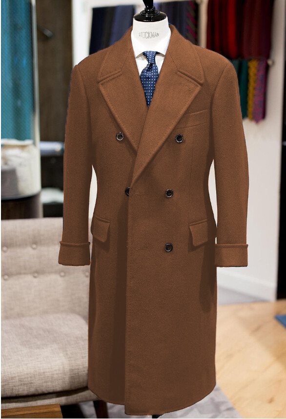 Wool Men’s Long Overcoat Double Breasted Peak Lapel Formal Business Outdoor Coat