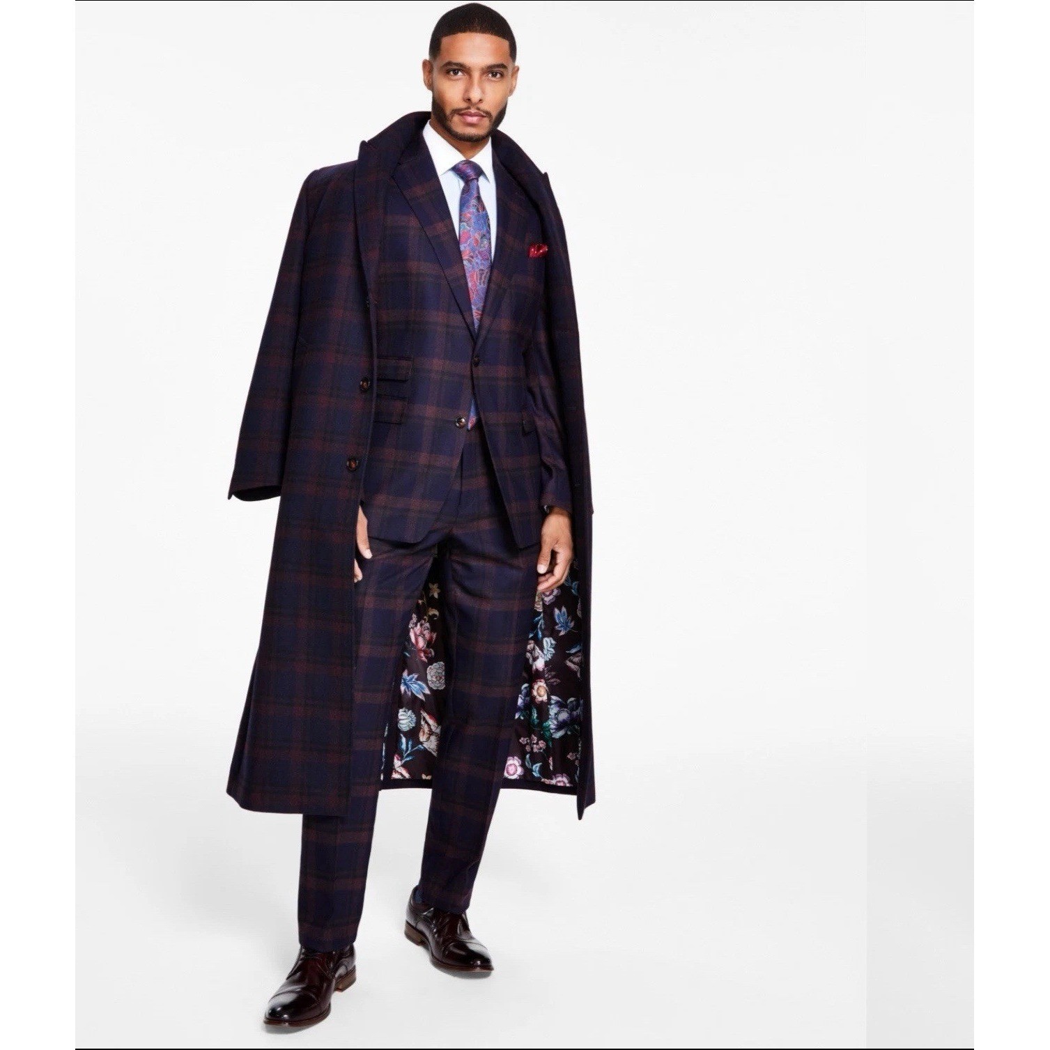 NEW Tayion Collection Overcoat Men Sz 42L Navy Plaid Wool Luxury Winter MSRP$495