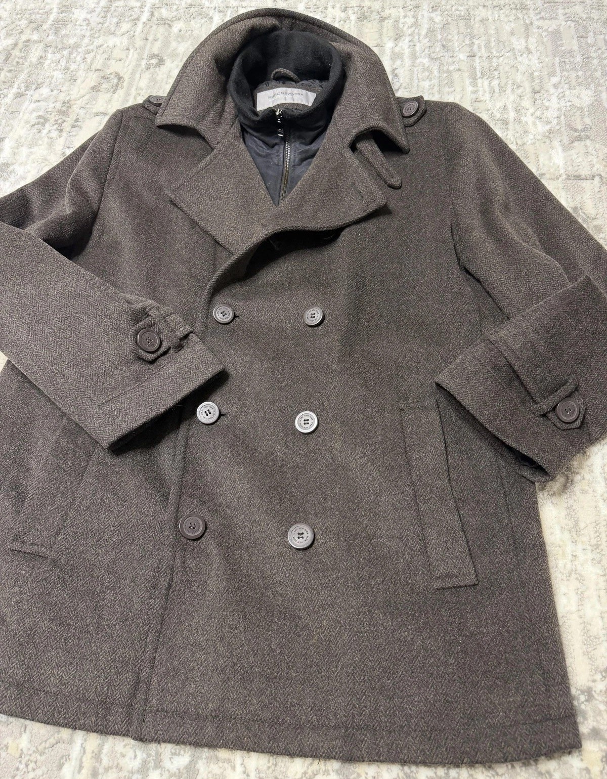 Marc New York Coat Men XL Brown Wool Herringbone Peacoat Double Breasted Lined