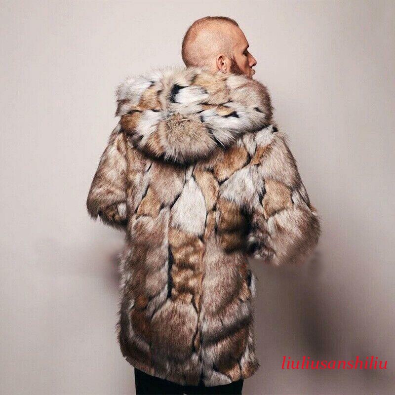 Mens Winter Faux Fox Fur Jacket Hooded Warm Mid-long Length Coat Party Outwear