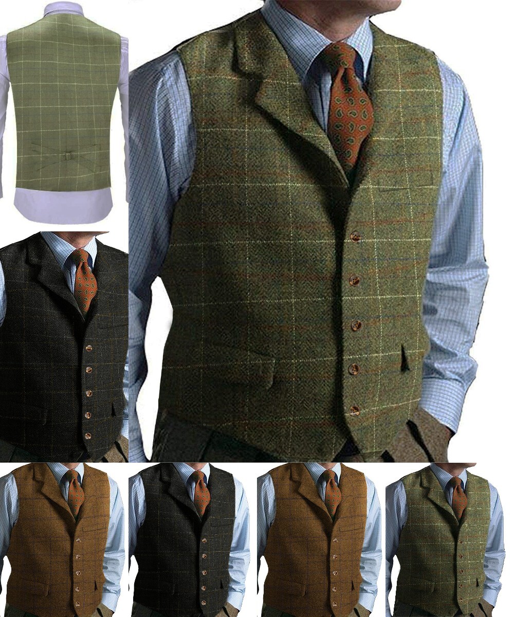 Men Plaid Vest Herringbone Tweed Waistcoat Windowpane Wedding Vintage Wool Retro
