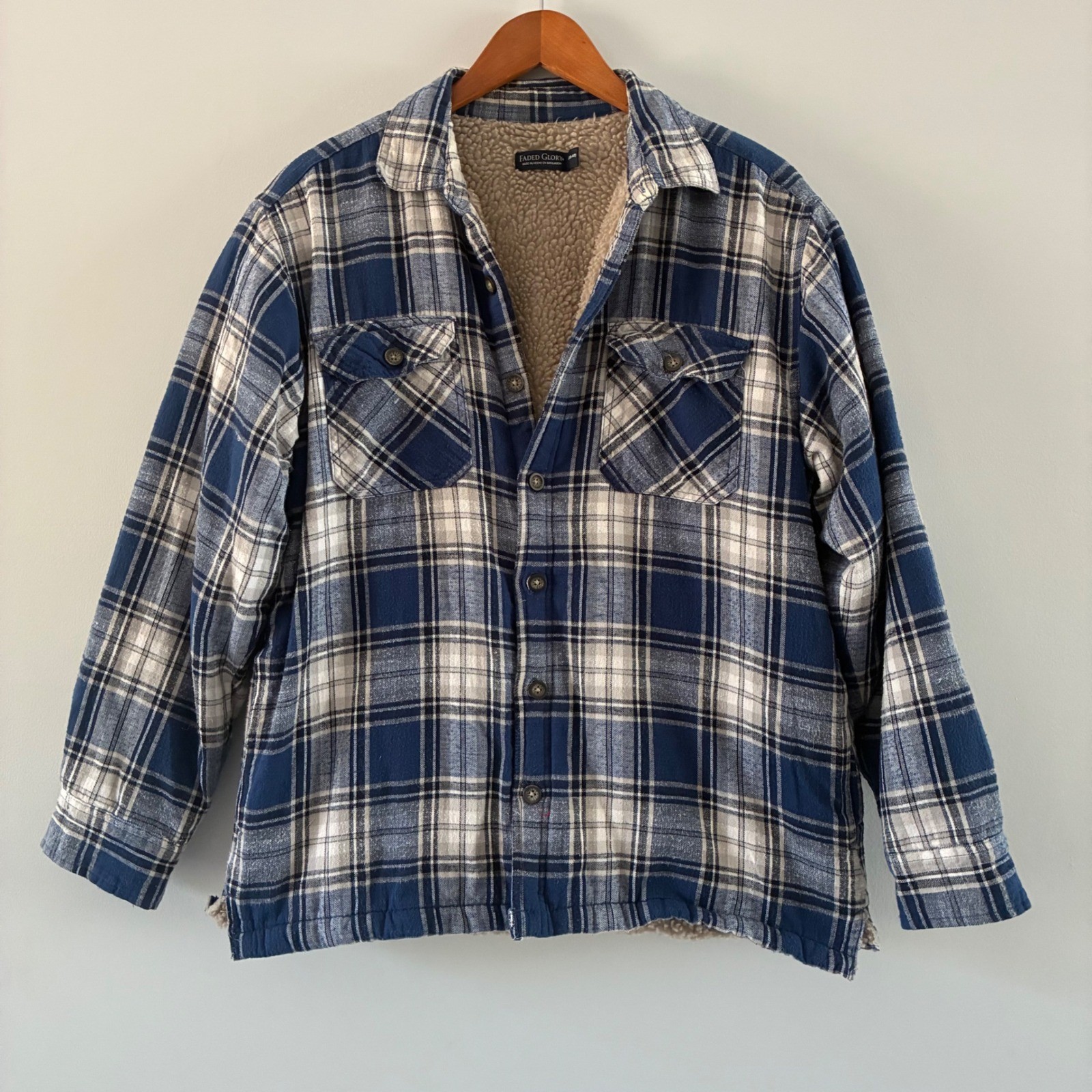 Faded Glory Shirt Jacket Mens M Blue Plaid Sherpa Lined Flannel Heavyweight