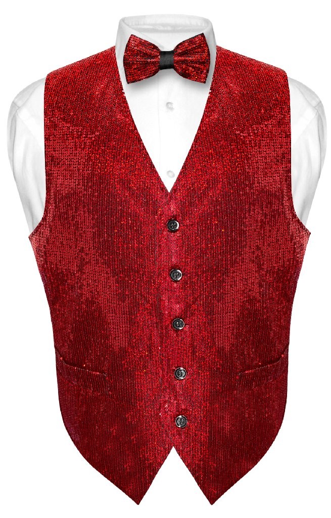 Men’s SEQUIN Design Dress Vest Bow Tie RED Color BOWTie Set